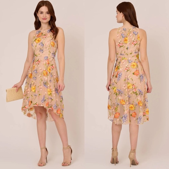ADRIANNA PAPELL FLORAL HIGH LOW DRESS SLEEVELESS EMBROIDERED GARDEN COCKTAIL - Picture 1 of 14